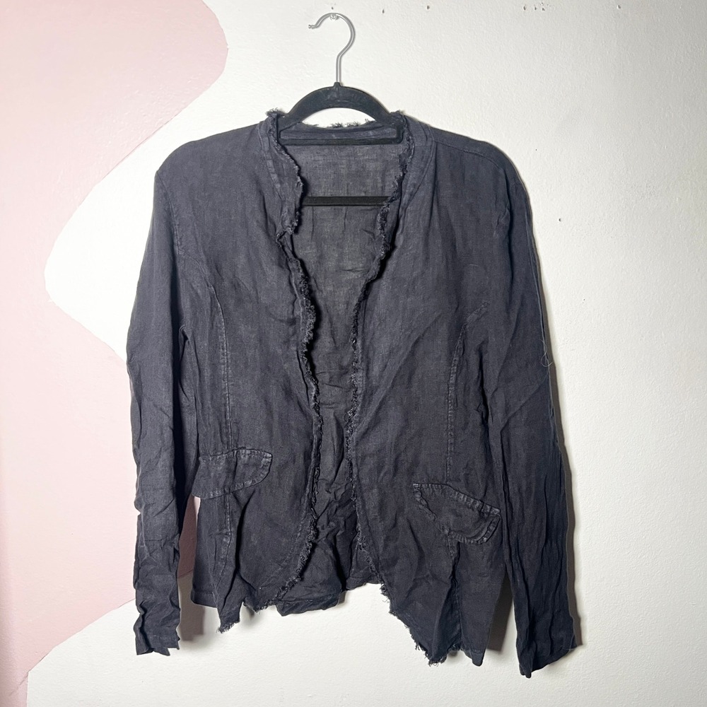 100% Linen Jacket Women's‎ Medium Navy Blue Raw Edge Boho Lagenlook